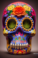 A colorful portrait of a skull and flowers for "dia de los muertos", "Day of the dead" calavera 3d illustration.
