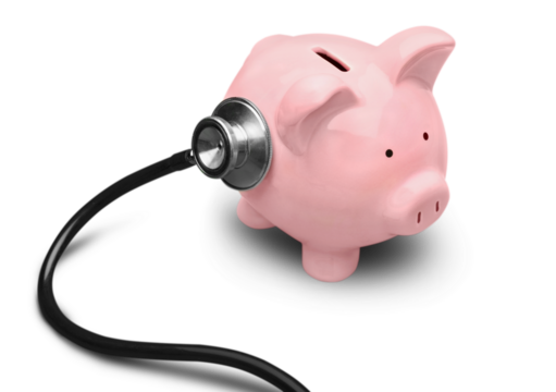 Piggy bank with stethoscope isolated, concept for financial checkup or saving for medical insurance costs