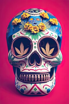 A colorful portrait of a skull and flowers for "dia de los muertos", "Day of the dead" calavera 3d illustration.
