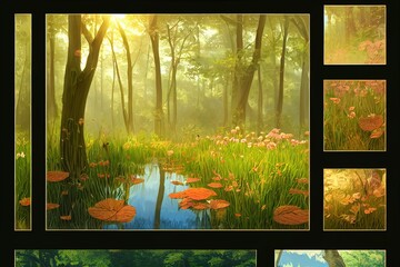 cartoon spring deciduous lakeside forest + detailed tree bark + detailed leaves + water reflection + detailed grass, a lot of sun glare, Clean Cell shaded digital vector illustration, cinematic perspe