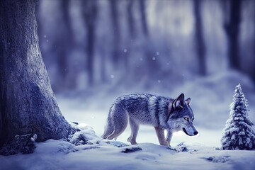 cute photorealistic wolf portrait with cub in a frozen forest