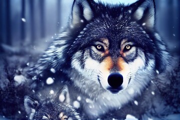 cute photorealistic wolf portrait with cub in a frozen forest