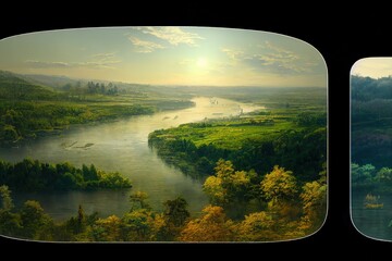 Danube River landscape, Hyper-realistic, River, Volumetric lighting, water, sunrise, trees, dappled sunshine, Raking Sunlight