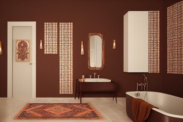 Home interior with ethnic boho decoration, Bathroom in brown warm color