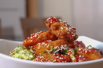 Selective focus of a plate of Korean fried chicken with chopped green onions, sauce and sesame seeds