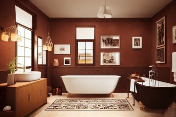 Fototapeta na wymiar Home interior with ethnic boho decoration, Bathroom in brown warm color