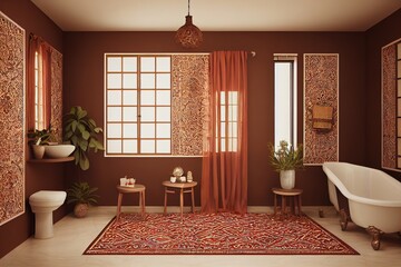 Home interior with ethnic boho decoration, Bathroom in brown warm color