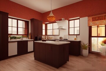 Home interior with ethnic boho decoration, Kitchen in brown warm color