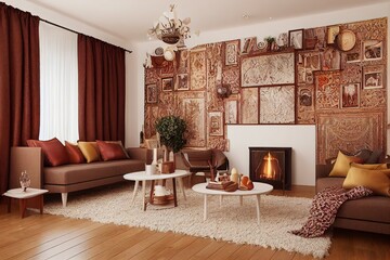 Home interior with ethnic boho decoration, living room in brown warm color