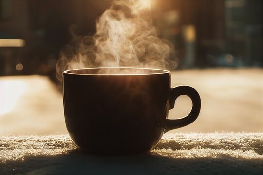 hot steamy mug of coffee on a cold winter's day cozy cinematic minimalist warm fuzzy sunlight