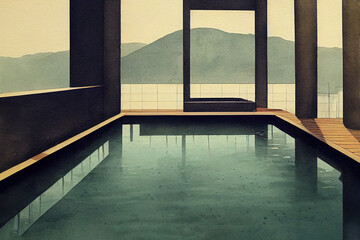 Obraz premium Swimming pool with beautiful mountain view, watercolor style