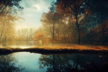 Naklejka na ściany i meble autumn landscape with lake