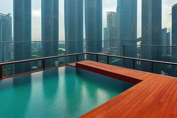 Obraz premium Swimming pool on roof top with beautiful city view