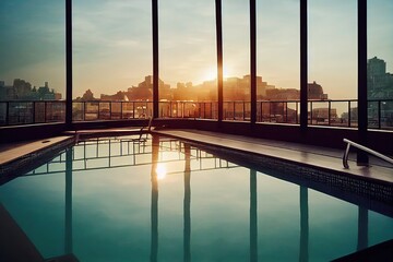 Luxury rooftop swimming pool at sunset
