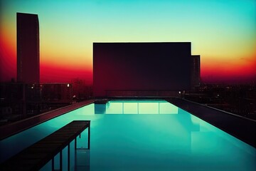 Luxury rooftop swimming pool at sunset