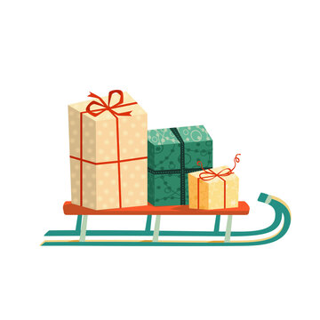 Festive ornate gift boxes with ribbon on Santa sleigh vector icon isolated. Wrapping present to celebrate Christmas, new year, flat design element illustration. Colorful Christmas gift present package