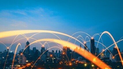 Smart digital city with connection network reciprocity over the cityscape . Concept of future smart wireless digital city and social media networking systems that connects people within the city .