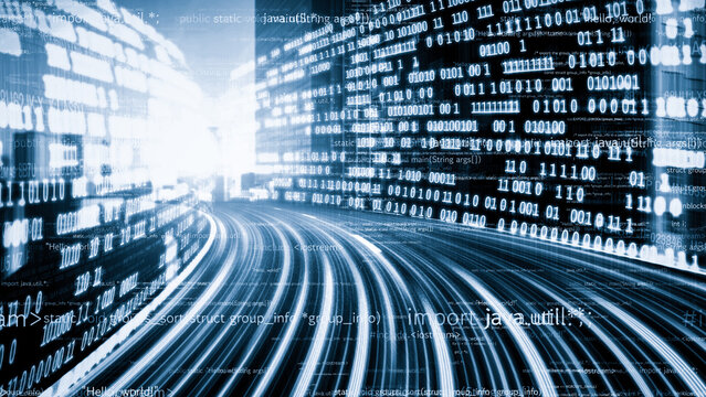 Software development, application programming code and tacit computer coding . Concept of smart digital transformation and technology disruption that changes global trends in new information era .