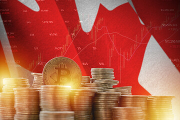 Canada flag and big amount of golden bitcoin coins and trading platform chart. Crypto currency