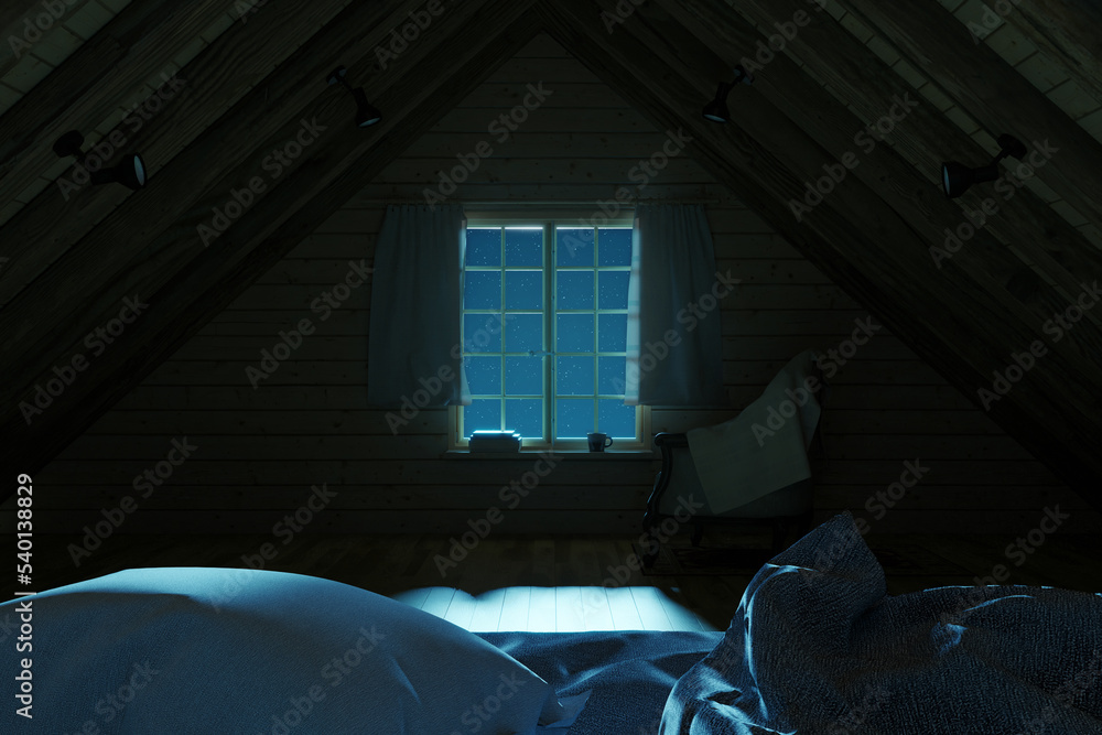 Poster 3d rendering of wooden attic room with view to the starry sky at window