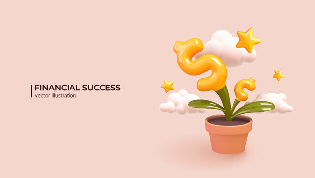 Finance growth - 3D Concept. Realistic 3d design of Analyzing investments, celebrating financial success and money growth. Money increasing concept. Vector illustration in cartoon minimal style.