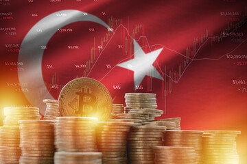 Turkey flag and big amount of golden bitcoin coins and trading platform chart. Crypto currency