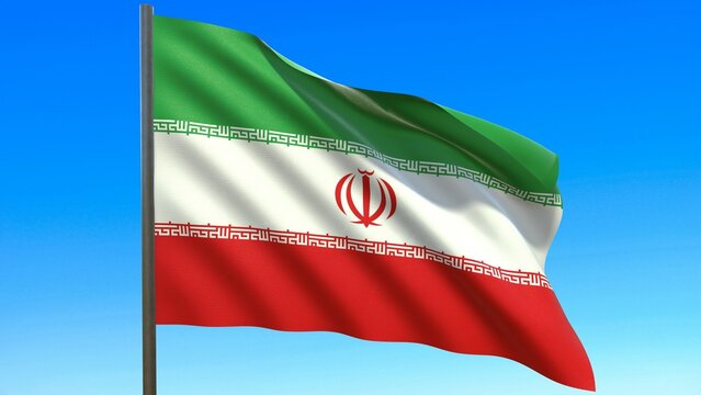 the flag of iran fluttering in the wind against a blue sky background 3d-rendering