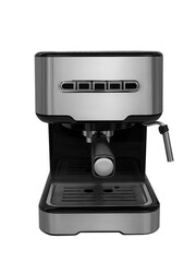 Espresso machine, cappuccino machine, highlighted on a white background. Automatic stainless steel coffee maker. Appliances. Electric Coffee Maker