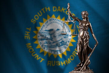 South Dakota US state flag with statue of lady justice and judicial scales in dark room. Concept of...