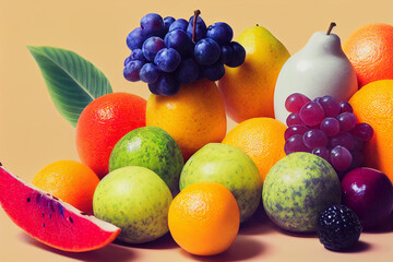Fruit composition on yellow background. Sliced watermelon and other fruits, grapes, pears, oranges lie on the surface.