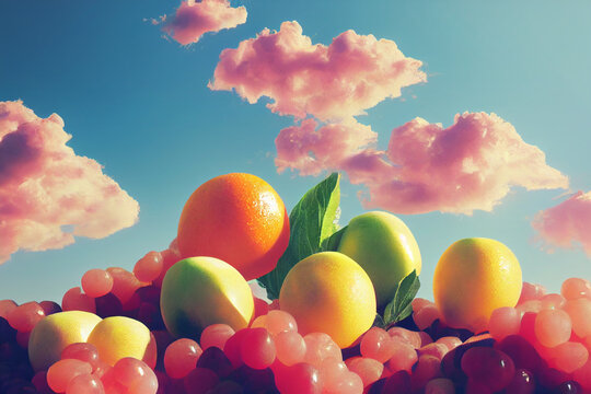 Fruit composition mountain of fruit on the sky with clouds. Grapes, apples, orange lying in a pile.