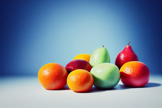 Fruit composition on blue background. Oranges, pears lying on the surface.