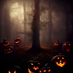 Halloween, pumpkins, horror, dark forest, bats, cats and skulls