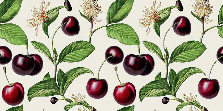 Cherry seamless pattern on white background. Red ripe berries, flowers and green leaves. Vintage botanical digital illustration for printing fabric, wrapping paper, packaging.