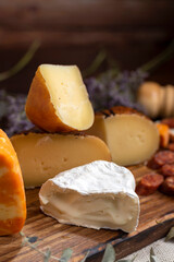 table with varieties of cheese brie camembert cheddar parmesan cheese with bell peppers on a wooden board adorned with dried flowers oil and pepper shaker