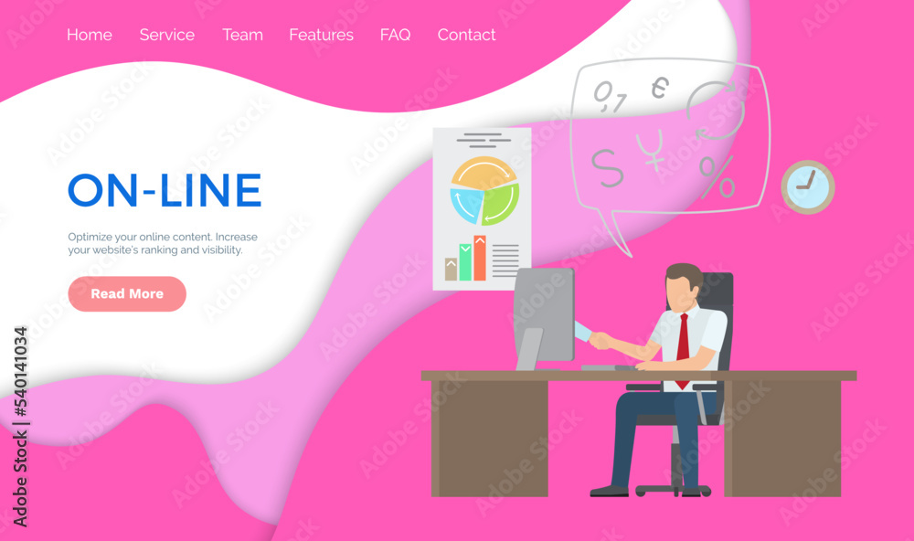 Poster on-line support, man working on laptop analyzing charts. businessman on working place consulting via