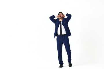 Man business smile with teeth in costume running and jumping flying up open mouth happiness and surprise full-length on white isolated background copy space 