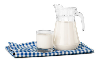 A glass of milk and a milk jug on plaid tablecloth - Powered by Adobe