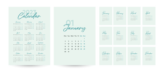 Monthly calendar 2023 template in trendy minimalist Style, cover concept, set of 12 pages desk calendar, 2023 minimal calendar planner design for printing template in blue - obrazy, fototapety, plakaty