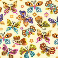Fototapeta na wymiar Retro groovy butterfly seamless pattern
