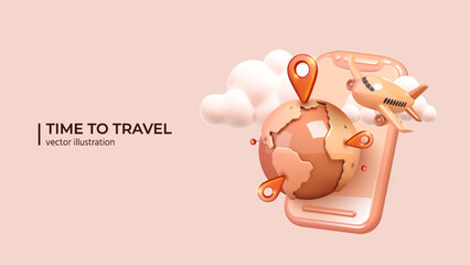 Opportunity to travel the world again. Realistic 3d design of holidays, airplane flights. Visiting interesting places. Travel concept in Realistic 3d cartoon minimal style. Vector illustration - 540142842