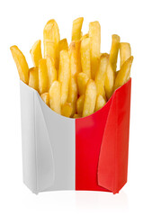 French fries in a red carton box isolated on white