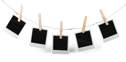 Five Blank Polaroid Frames Hanging on Twine Attached with Clothespins - Isolated