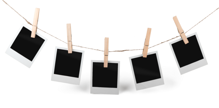 Five Blank Polaroid Frames Hanging on Twine Attached with Clothespins - Isolated