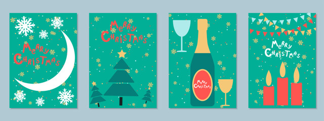 Christmas and New Year cartoon retro style vector flyer, banner, booklet, brochure cover, coupon, voucher, invitation card templates collection