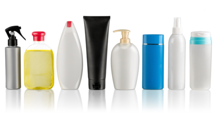 Set of different white, gray, green, blue bottles for beauty, hygiene and health on a white background with reflection, they shampoo, conditioner and hair products, each of them shot on separately