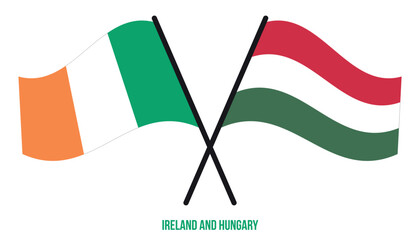 Ireland and Hungary Flags Crossed And Waving Flat Style. Official Proportion. Correct Colors.