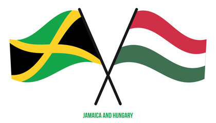 Jamaica and Hungary Flags Crossed And Waving Flat Style. Official Proportion. Correct Colors.