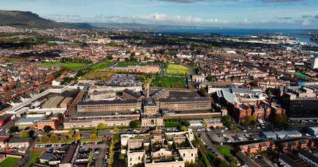 Aerial Photo of Crumlin Road Gaol Jail Visitor Attraction and Conference Centre Belfast City Northern Ireland - obrazy, fototapety, plakaty