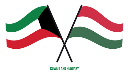 Kuwait and Hungary Flags Crossed And Waving Flat Style. Official Proportion. Correct Colors.